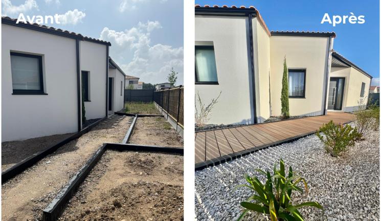 images avant après du jardin et de l'accès en lames composite nuances ipé de silvadec chez l'influenceuse chanala10